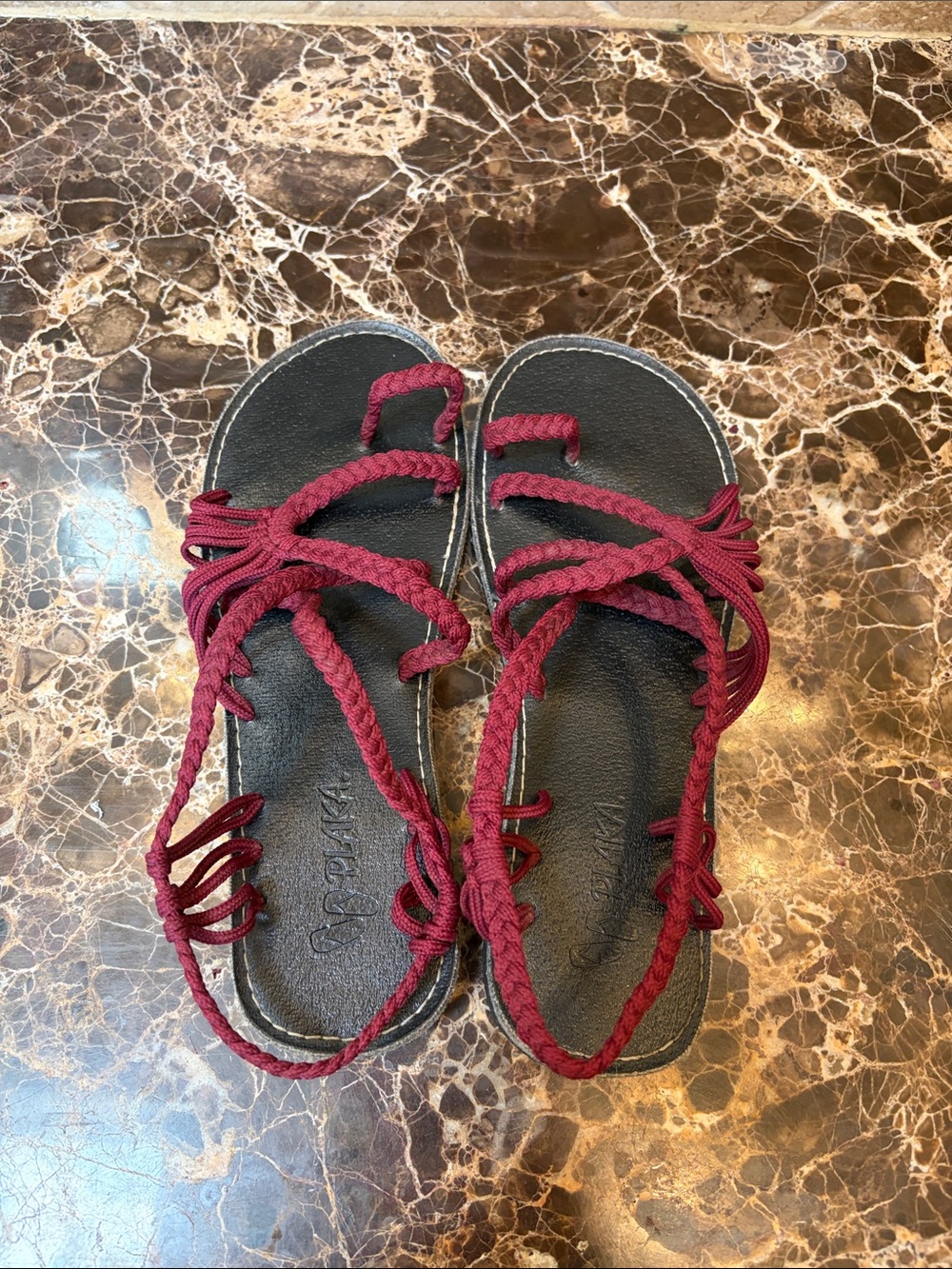 PlakaBraided Strappy Sandals in Burgundy - Women's Casual Summer Shoes. Size 7